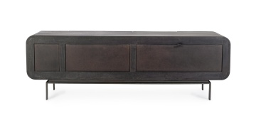 Comodă TV Orissa, lemn masiv de mango și picioare din oțel, 3 uși, 2 sertare, negru, 172x44x55 cm - Img 4