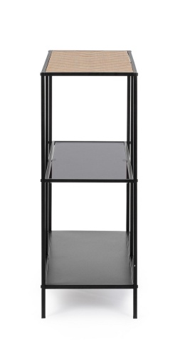Consolă Haldor, din oțel și MDF furniruit, cu poliță din sticlă, negru și natural, 82x33x85 cm - Img 3