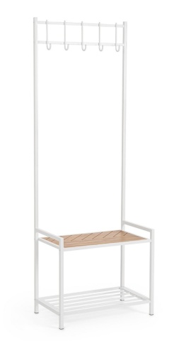 Cuier Haldor cu 5 cârlige și raft, din oțel și MDF, alb și natur, 64.5x37.5x180 cm