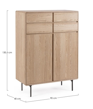 Dulapior Widald, cu 2 uși și 4 sertare, din MDF furniruit cu frasin și oțel, natural, 90x40x130.5 cm - Img 2