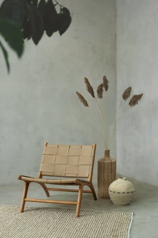 Fotoliu lounge Joanna, stil vintage, din lemn de tec și piele naturală, taupe - Img 11