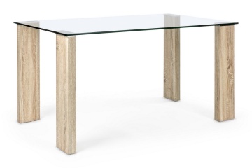Masă Arley, fixă, 4 persoane, blat din sticlă, picioare din MDF cu aspect lemn, 140x80 cm