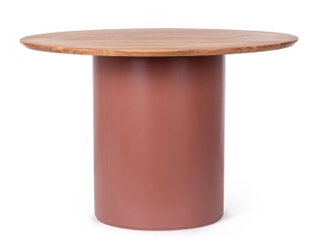 Masă Ojas, rotundă, fixă, pentru 4 persoane, din lemn masiv de salcâm și MDF, teracotă, diametru 115 cm