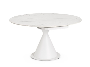 Masă rotundă extensibilă Jonni, 6 persoane, blat din gresie porțelanată cu efect de marmură, picioare din oțel, albă, 85 - 135 cm