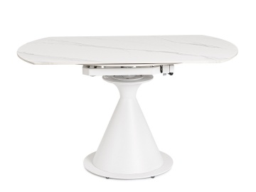 Masă rotundă extensibilă Jonni, 6 persoane, blat din gresie porțelanată cu efect de marmură, picioare din oțel, albă, 85 - 135 cm - Img 4
