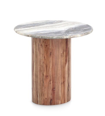 Măsuță de cafea Eloy, rotundă, cu blat din marmură și bază din lemn de salcâm, finisaj natural, diametru 45 cm, înălțime 44 cm