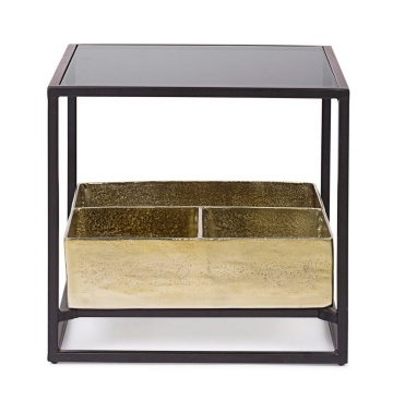 Măsuță de cafea Mavila, cu spațiu de depozitare, metal și sticlă securizată, finisaj antichizat, 42x42x40 cm - Img 5