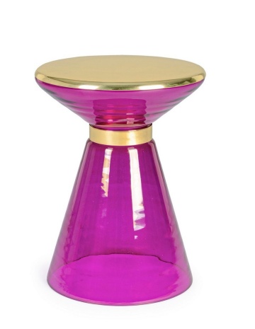Măsuță de cafea Meriel, rotundă, din sticlă lila și oțel, finisaj alamă aurie, diametru 36 cm, înălțime 46 cm