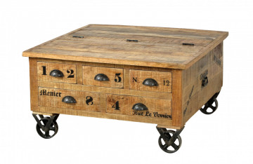 Masuta de cafea patrata din lemn cu spatiu de depozitare Rustic 90x90x47 cm maro - Img 1