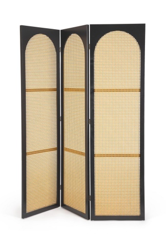 Paravan Josine, din lemn de pin și ratan, negru, 150x180 cm