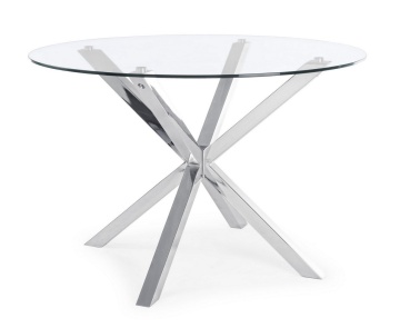 Picioare metalice cromate masă fixă May, rotundă, pentru 4 persoane, blat din sticlă securizată, diametru 114 cm
