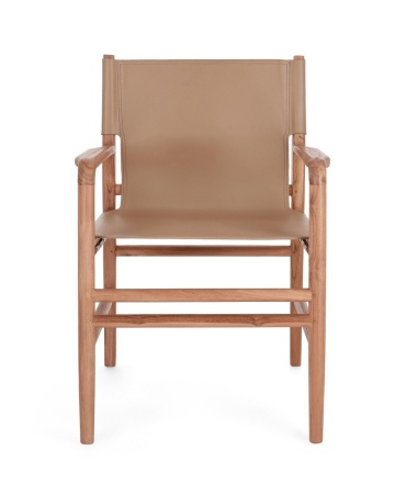 Scaun cu brațe Caroline, din lemn de tec și piele naturală, Taupe, 57x58x85 cm - Img 4