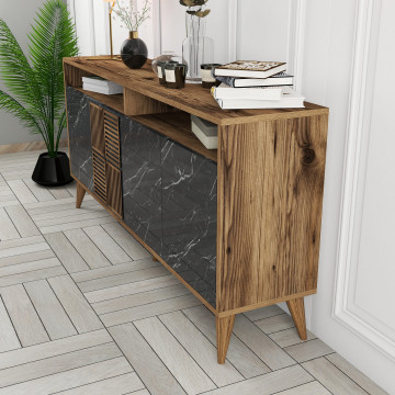 Servanta din pal melaminat Milano nuc si marmură neagră 160x78x35 cm - Img 4