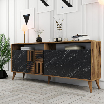 Servanta din pal melaminat Milano nuc si marmură Neagră 180x78,6x35 cm - Img 2