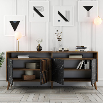Servanta din pal melaminat Milano nuc si marmură Neagră 180x78,6x35 cm - Img 4