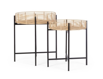 Set 2 Măsuțe de cafea Rendy, rotunde, din poliratan natural și metal negru - Img 6