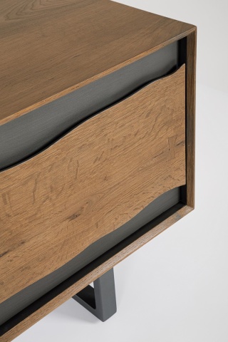 Comodă TV Garwood, cu 3 uși, din MDF furniruit cu stejar și oțel, 160x42x55 cm - Img 6