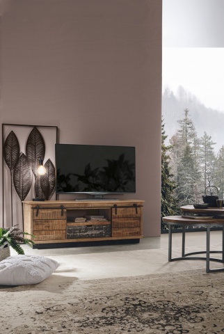 Comodă TV joasă Tudor, 130 cm, cu 2 uși și 1 sertar, din lemn de mango cu bază din oțel, finisaj nitrocelulozic, 130x40x50 cm - Img 9