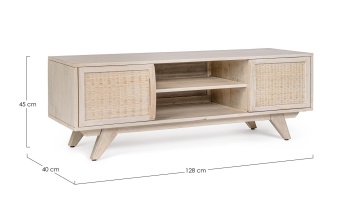 Comodă TV Sahana, cu 2 uși, din lemn de mango și ratan, finisaj alb spălăcit, 128x40x45 cm - Img 2