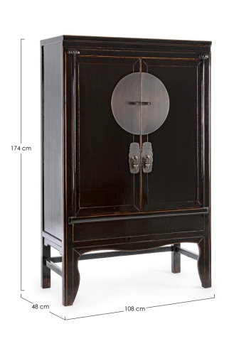 Dulap dining Jinan, cu rafturi, din lemn de ulm reciclat, finisaj lăcuit lucios, negru, 108x48x174 cm - Img 2