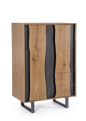 Dulap living Garwood, 2 uși și 2 sertare, din MDF furniruit stejar și oțel, cu închidere amortizată, finisaj natural, 80x42x120 cm