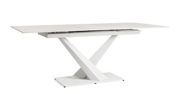 Masă dining extensibilă Johannes pentru 6-8 persoane, cu blat din gresie porțelanată cu efect de marmură și bază din oțel, albă, 160-200x90x75 cm