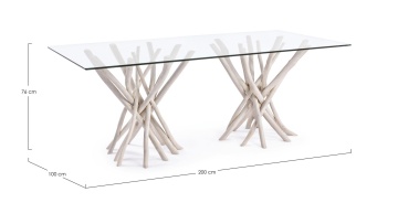 Masă dining Sahel, 200x100 cm, cu bază din crengi de tec și blat din sticlă securizată, finisaj alb spălăcit - Img 2