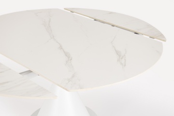 Masă rotundă extensibilă Jonni, 6 persoane, blat din gresie porțelanată cu efect de marmură, picioare din oțel, albă, 85 - 135 cm - Img 5