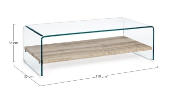 Măsuță de cafea dreptunghiulară Kenya, cu 2 polițe, blat din sticlă transparentă și raft MDF, 110x55x35 cm - Img 2