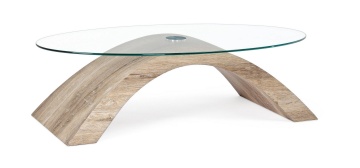 Măsuță de cafea ovală Kenya, blat din sticlă transparentă securizată și picioare din MDF cu efect de lemn, 110x60x33 cm