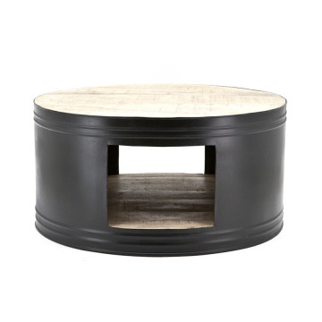 Masuta de cafea rotunda din metal si lemn de mango cu spatiu de depozitare 70x70x35 cm alb/neagra - Img 1