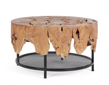 Măsuță de cafea rotundă Grenada, top din rădăcină de tec și bază din oțel, diametru 80 cm, înălțime 45 cm
