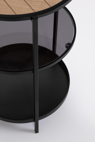 Măsuță de cafea rotundă Haldor, cu poliță din sticlă, metal și MDF furniruit, negru și natur, 40x60.5 cm - Img 2