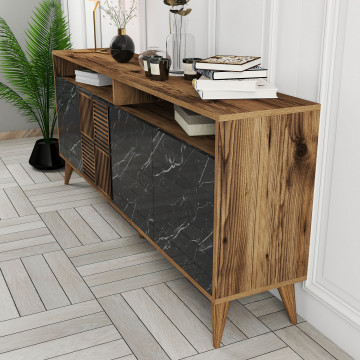Servanta din pal melaminat Milano nuc si marmură Neagră 180x78,6x35 cm - Img 5