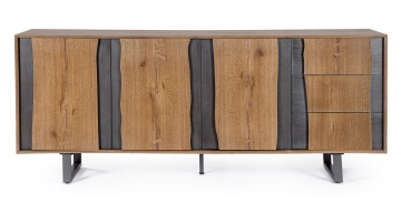 Servanta Garwood, 3 uși și 3 sertare, din MDF furniruit cu stejar, finisaj natural, picioare din oțel, 180x42x75 cm - Img 2