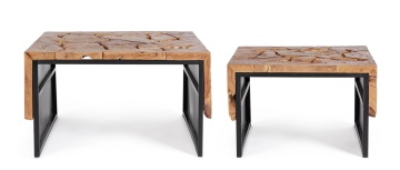 Set 2 măsuțe de cafea rotunde Grenada, top din rădăcină de tec și bază din oțel, diametre 60/80 cm, înălțimi 38/45 cm - Img 3