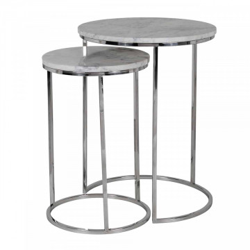Set 2 masute rotunde din marmură si otel Lacey 57x45x45 cm albe - Img 1