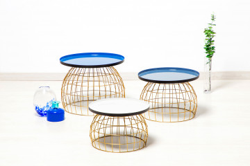 Set 3 masute de cafea rotunde din fier 26 cm / 32 cm / 42 cm albastru / gri / alb - Img 2