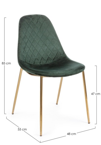 Set de 4 scaune tapițate, din catifea, cu picioare din oțel cromat auriu, verde închis - Img 2
