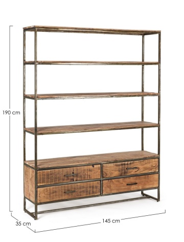 Bibliotecă Elmer cu 4 rafturi și 4 sertare din lemn masiv maro 190 cm - Img 2