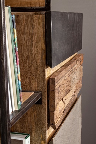 Biblioteca Manchester, cu 1 ușă și 2 sertare, lemn de mango, oțel și lemn reciclat, 90x40x140 cm - Img 11