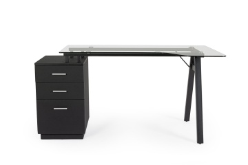 Birou Charlie cu corp de sertare, cadru metalic și blat din sticlă, negru, 150.5x80x75 cm - Img 3