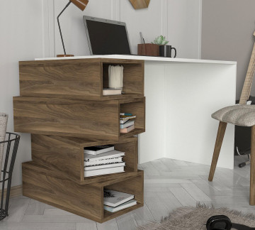 Birou cu rafturi din pal melaminat Jenga nuc si alb 130 cm - Img 3