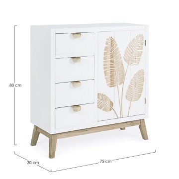 Comoda Folium cu 1 ușă și 4 sertare, din lemn de brad cu decor încrustat manual, 75x30x80 cm - Img 2
