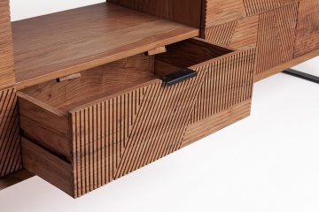 Comodă TV ISAR, 175 cm, cu 3 uși și 1 sertar încrustate manual, din lemn de salcâm și metal, 175x40x60 cm - Img 6
