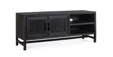 Comodă TV Weston, 130 cm, 2 uși și 2 sertare, din lemn de mango cu inserții din ratan, 130x40x55 cm