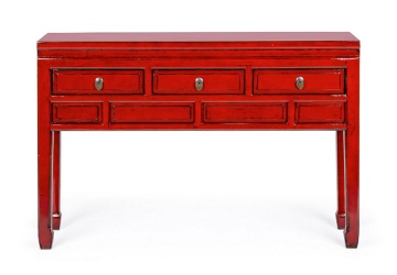 Consolă Jinan cu 3 uși, din lemn de ulm reciclat, finisaj lăcuit lucios, roșu, 128x30x88 cm - Img 3