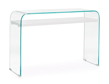Consolă modernă cu 2 rafturi, blat din sticlă și raft MDF cu efect lemn alb, 110x35x75 cm