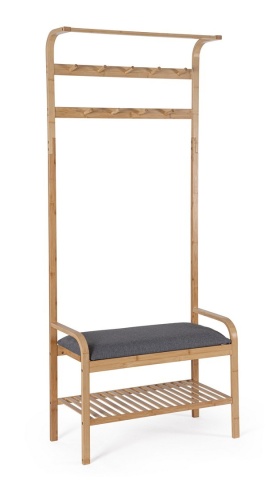 Cuier cu bancă Phillp, din bambus, Natural și Gri, 73 x 34 x 171 cm - Img 1