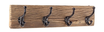 Cuier de perete cu 4 cârlige, din lemn reciclat, finisaj natural, 54x14x13 cm